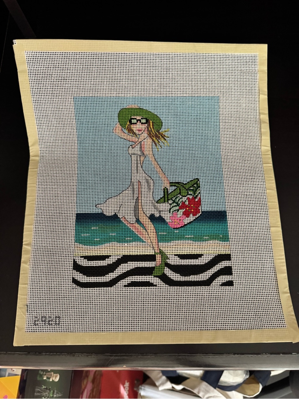Beach Tote Canvas Needlepoint Panel – Green and Pink Straw Tote